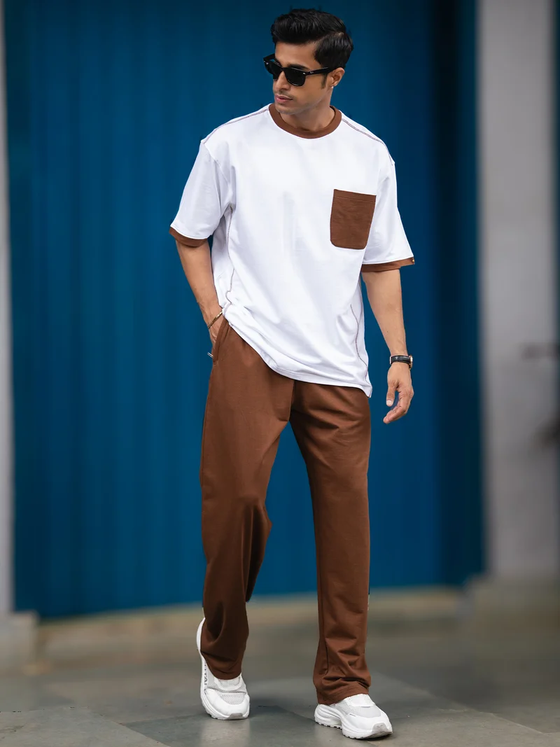 مانياك Maniac Mens Solid One Pocket Round Neck Half Sleece White andd Brown Cotton Co-Ords